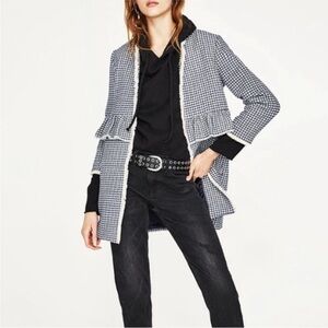 Zara Checked Tweed Open-Front Jacket with Ruffled Trim - Navy/Cream
